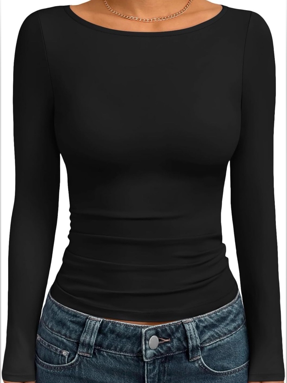 Trendy Queen Black Long-Sleeve Boatneck Top Size Large